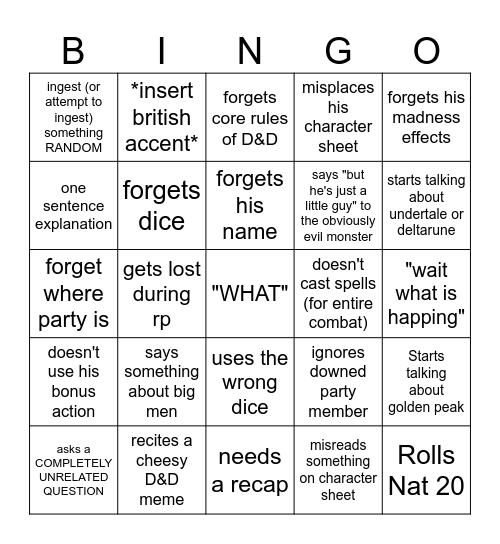 Kody in dnd Bingo Card