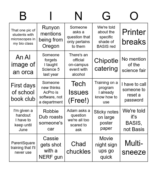 BASIS Training BINGO Card