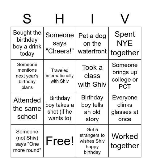 Shiv Cup Bingo Card