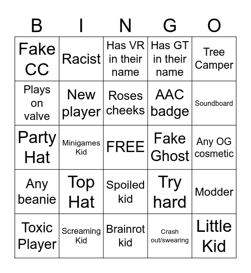 GORILLA TAG Bingo Card