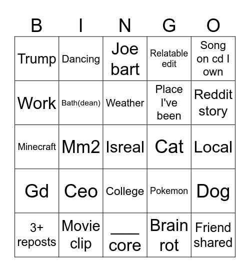 Tiktok bingo Card