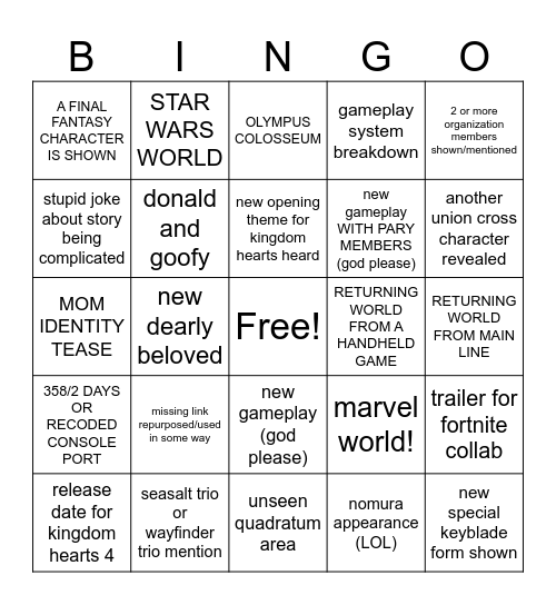 KINGDOM HEARTS 25TH ANNI Bingo Card