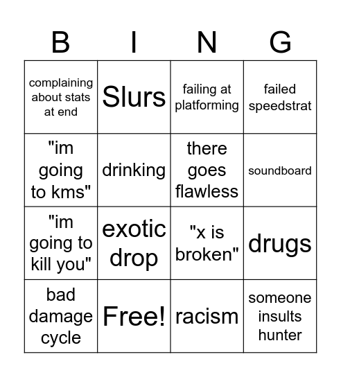 Destiny 2 Raid Bingo Card