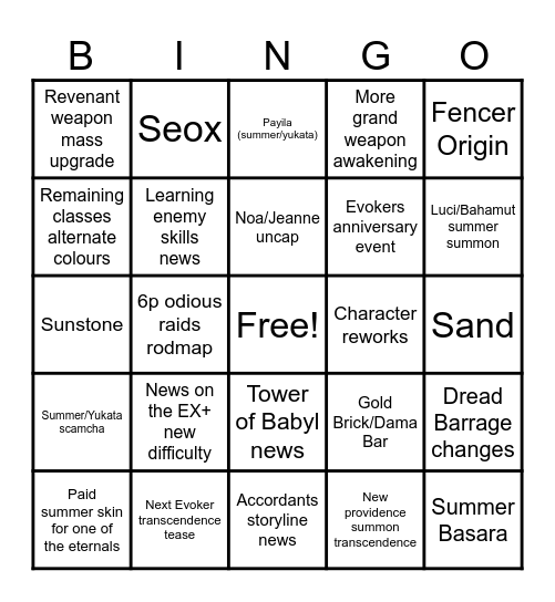 Summer Stream Bingo Card