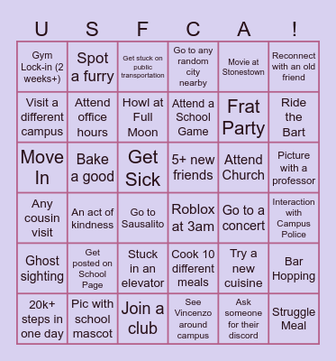 Senior Year Bingo Card