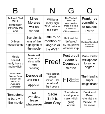 Spider-Man: Brand New Day Bingo Card Bingo Card