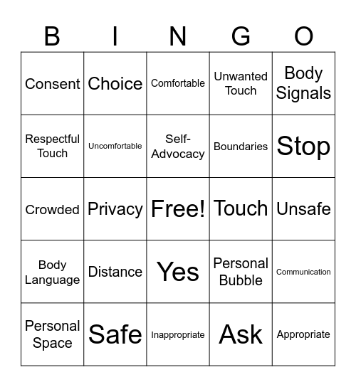 Personal Space Bingo Card