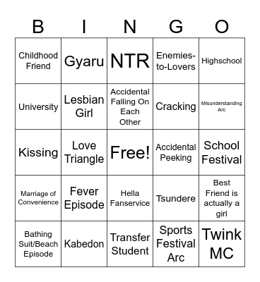 Anime Romance Tropes Bingo Card