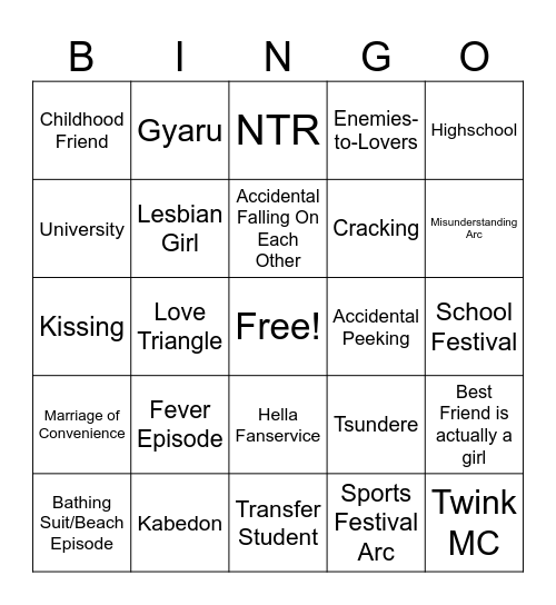 Anime Romance Tropes Bingo Card