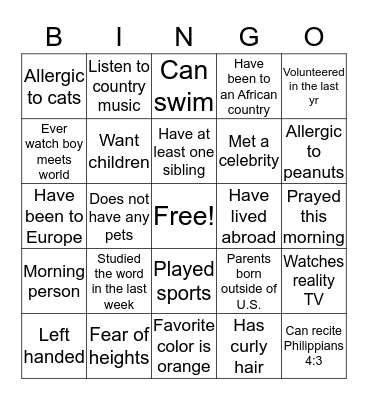 Get to know you... Young Adult's Style! Bingo Card