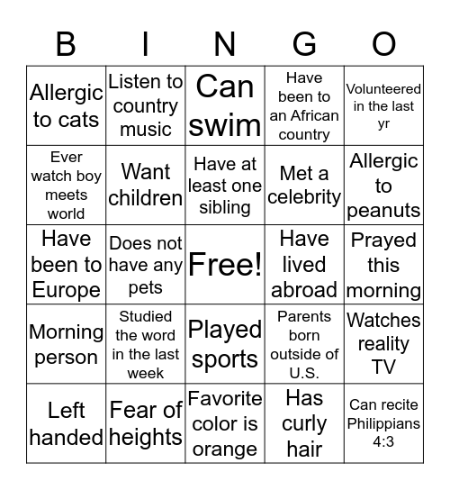 Get to know you... Young Adult's Style! Bingo Card