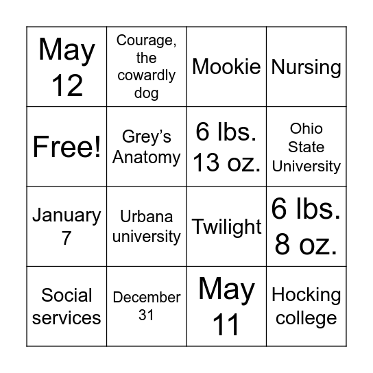 Baby Bingo Card