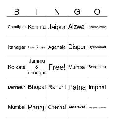 India states and capitals Bingo Card