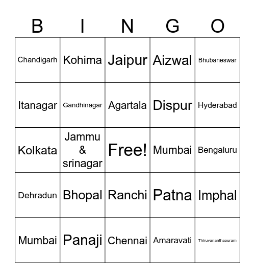 India states and capitals Bingo Card
