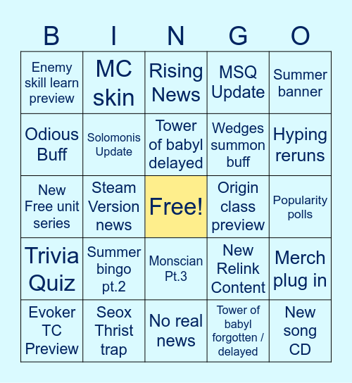 GBF Summer Stream Bingo Card