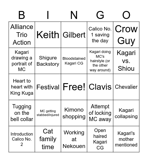 Kagari Route Bingo Card