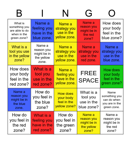 Zones of Regulation Bingo Card