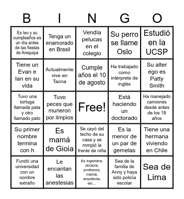 BUSCA A ALGUIEN QUE… Busca a una persona que cumpla lo que dice la casilla y escribe su nombre. Puedes decir Bingo cuando tengas toda la cartilla completa. Bingo Card