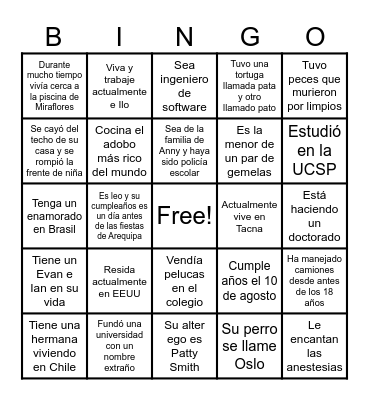 BUSCA A ALGUIEN QUE… Busca a una persona que cumpla lo que dice la casilla y escribe su nombre. Puedes decir Bingo cuando tengas toda la cartilla completa. Bingo Card