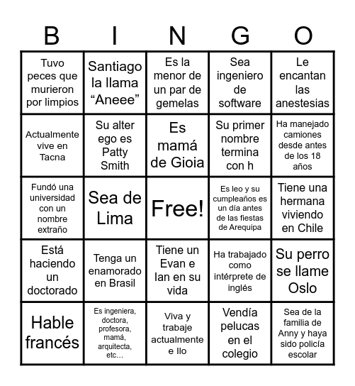 BUSCA A ALGUIEN QUE… Busca a una persona que cumpla lo que dice la casilla y escribe su nombre. Puedes decir Bingo cuando tengas toda la cartilla completa. Bingo Card