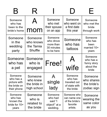 Bridal Bingo Card