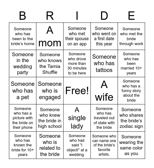 Bridal Bingo Card