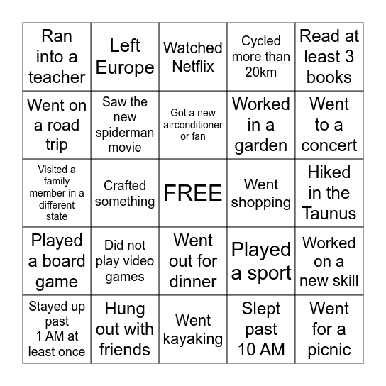Back to School Bingo Card
