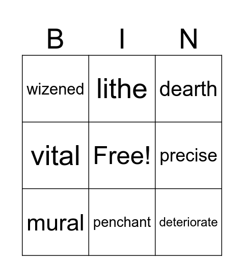 Vocabulary Aug. 9-15 Bingo Card