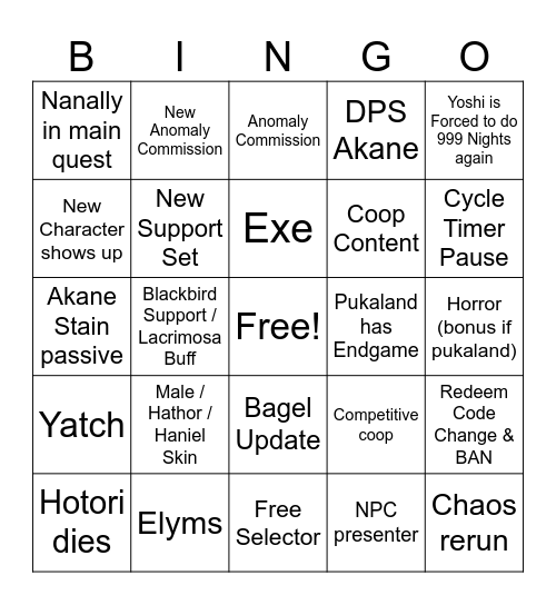 NTE Livestream Bingo Card