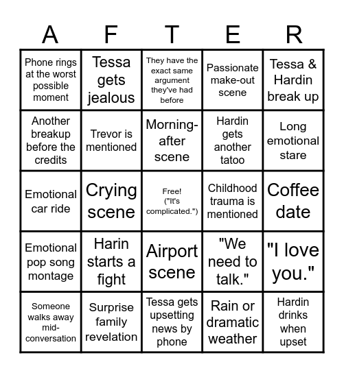 "After" Movie Series Bingo Card
