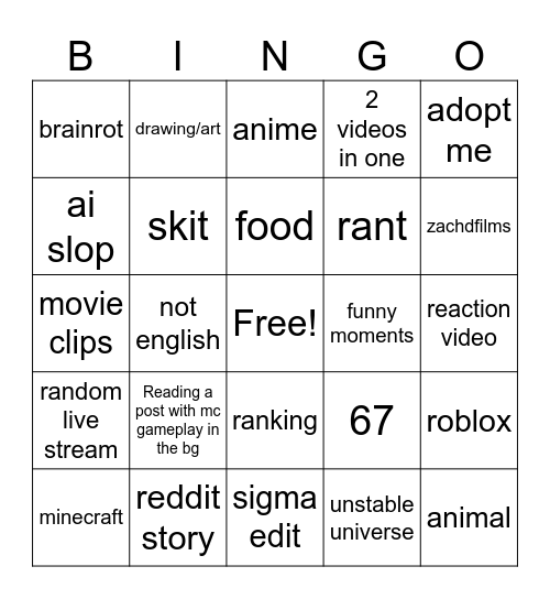 Youtube Shorts Bingo Card