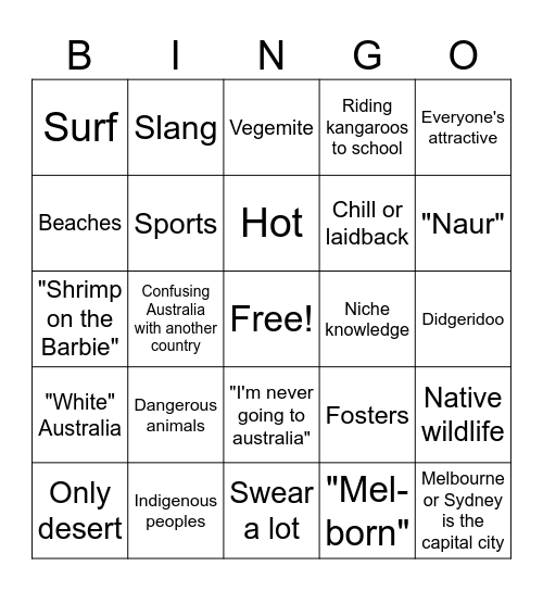Australian stereotypes Bingo Card