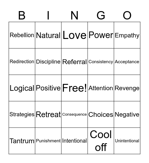 Child Behavior - Word association Bingo Card