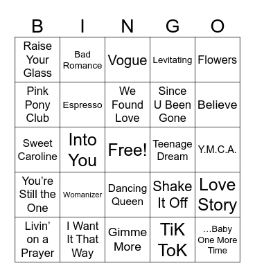 LOVE POP MUSICAL BINGO Card