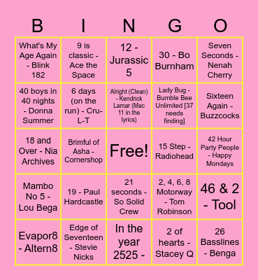 Blobby's Musical Bingo Card