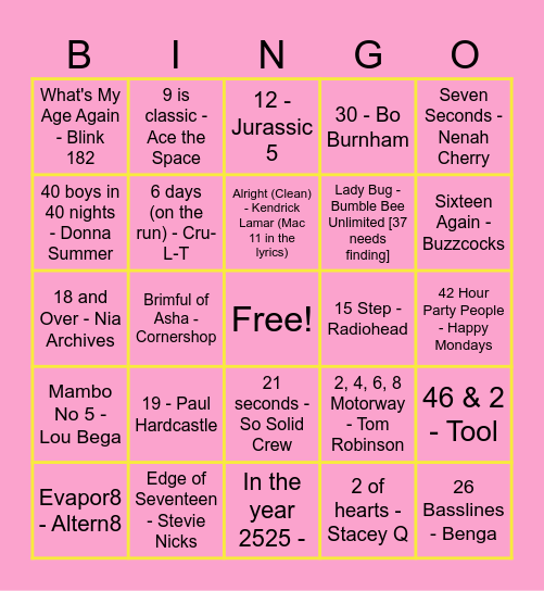 Blobby's Musical Bingo Card