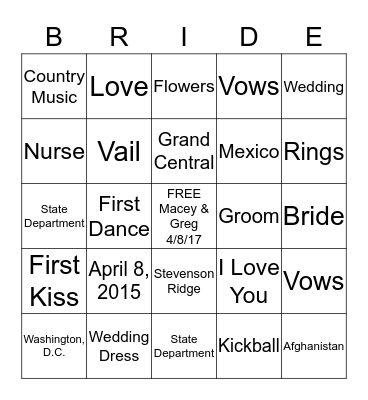 Macey's Bridal Shower Bingo Card