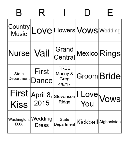 Macey's Bridal Shower Bingo Card