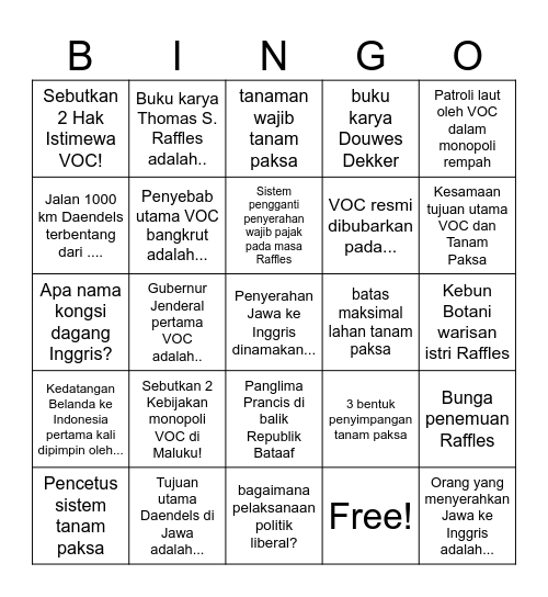Kolonialisme di Eropa Bingo Card