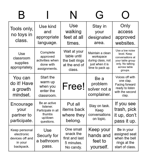 Mrs. Beaty Classroom Expectations Bingo Card