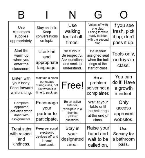 Mrs. Beaty Classroom Expectations Bingo Card