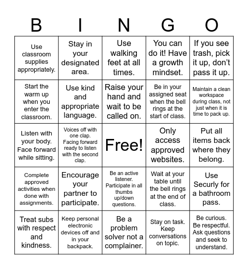 Mrs. Beaty Classroom Expectations Bingo Card