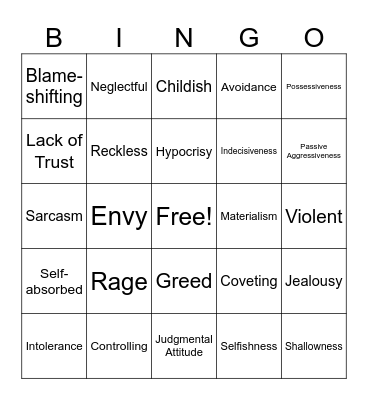 Character Defect Bingo Card