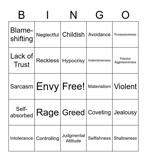 Character Defect Bingo Card