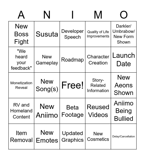 Gamescom Aniimo Bingo Card