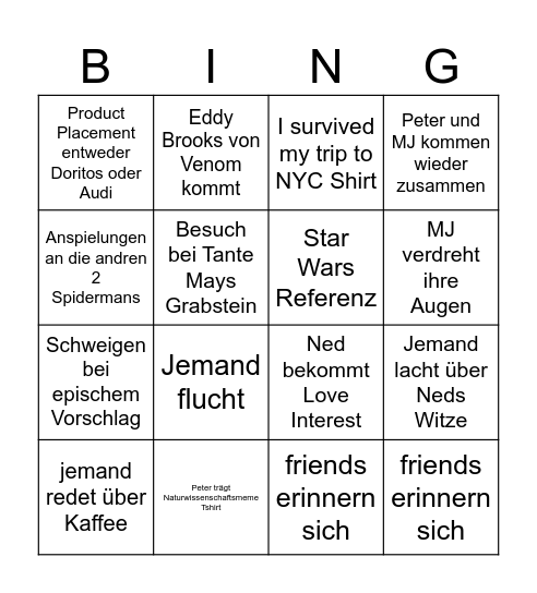 Spiderman Brand New Day Bingo Card