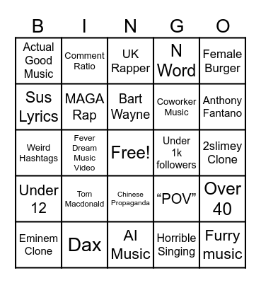YxngDman IG Music BINGO Card