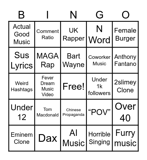 YxngDman IG Music BINGO Card