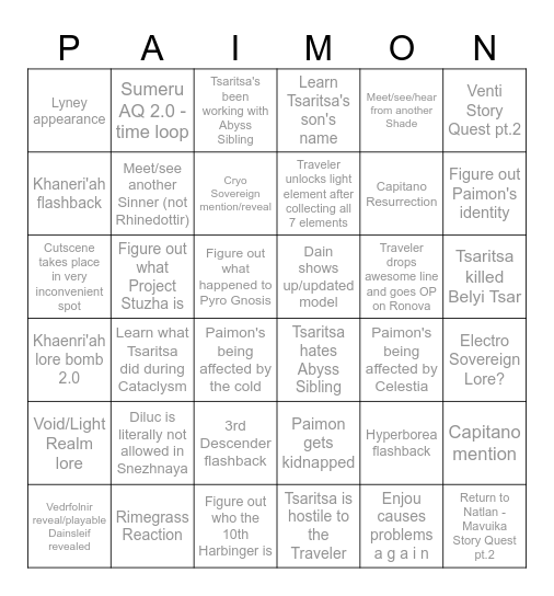 Snezhnaya Predictions Bingo Card