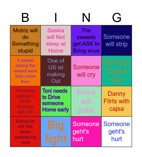 Saturday night Bingo Card